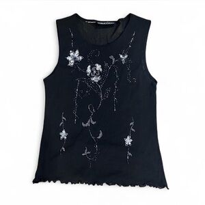 Black Beaded Floral Sleeveless Top